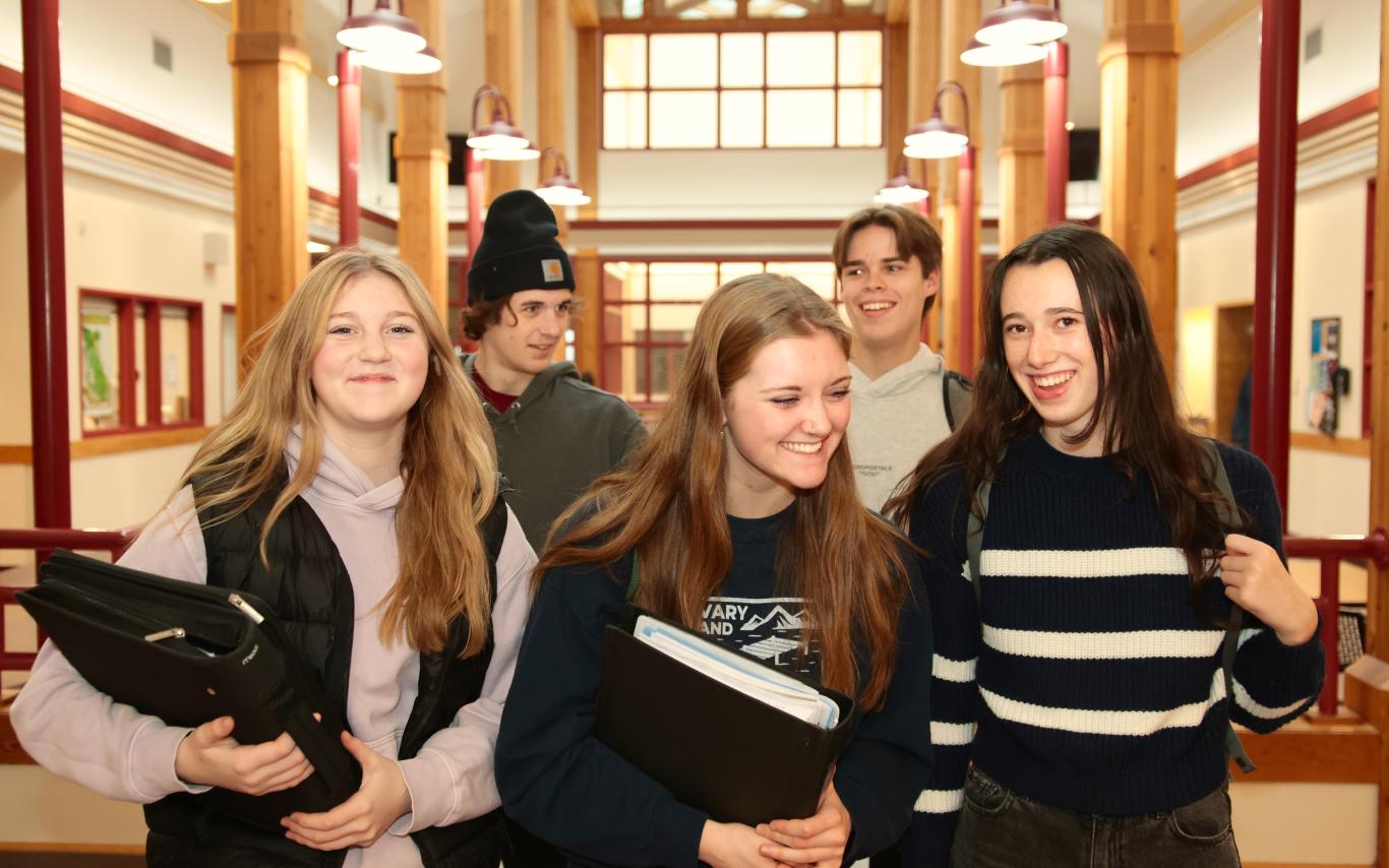Students in a school hallway. 